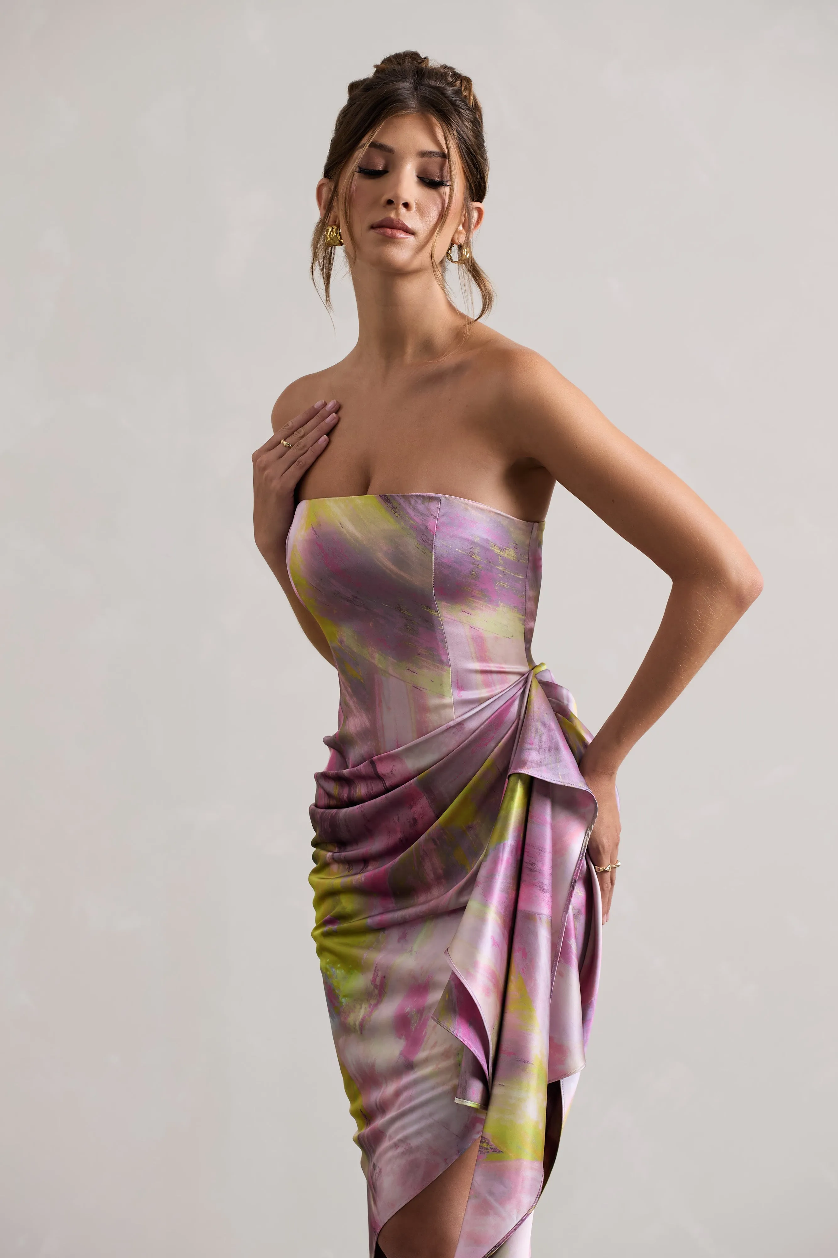 Axel | Lilac Print Satin Strapless Wrap Midi Dress