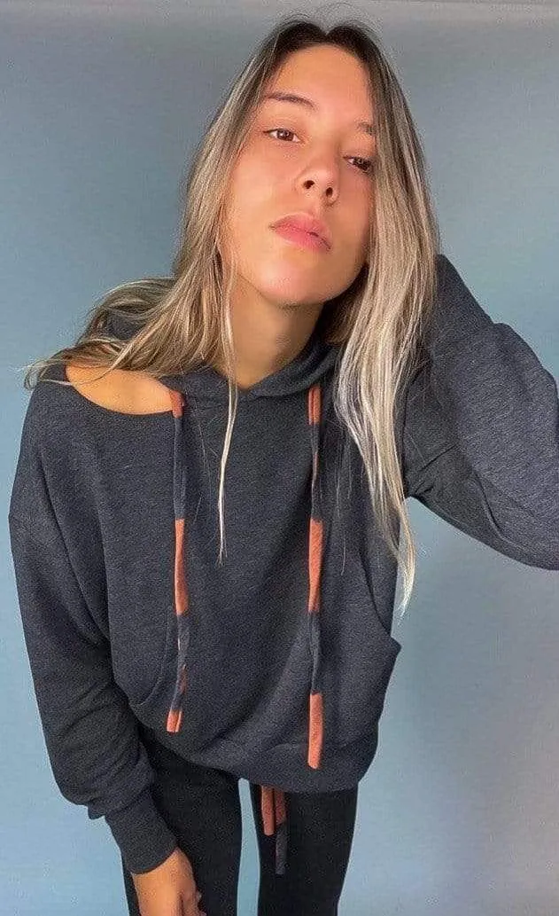 Bea Dyed Drawstring Cut Out Hoodie Charcoal