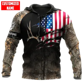 Custom Name American Hunting Hoodie, Deer Hunting Usa Flag Camo Pattern Hoodies