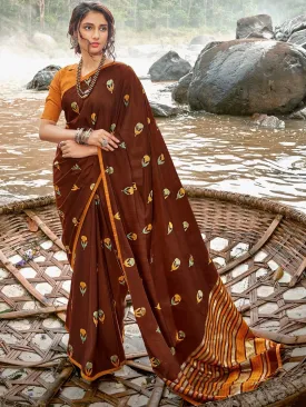 Designers Brown Printed Chiffon Sarees for Women With Blouse