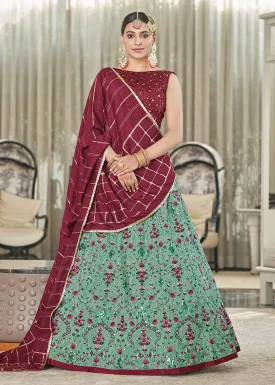 Green & Maroon Multi Sequins & Thread Wedding A Line Lehenga