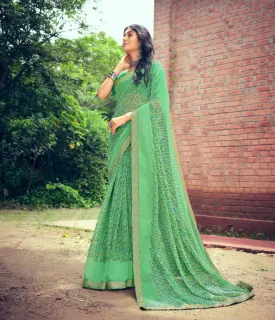 Green Chiffon Printed Fancy Lace Border Saree for Women