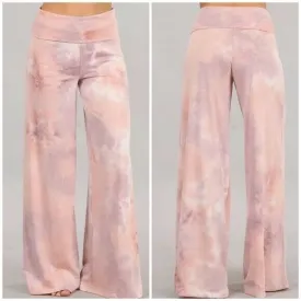 Lilac Mauve Tie Dye Wide Leg Palazzo Relaxed Fit Foldover Waist Lounge Pants