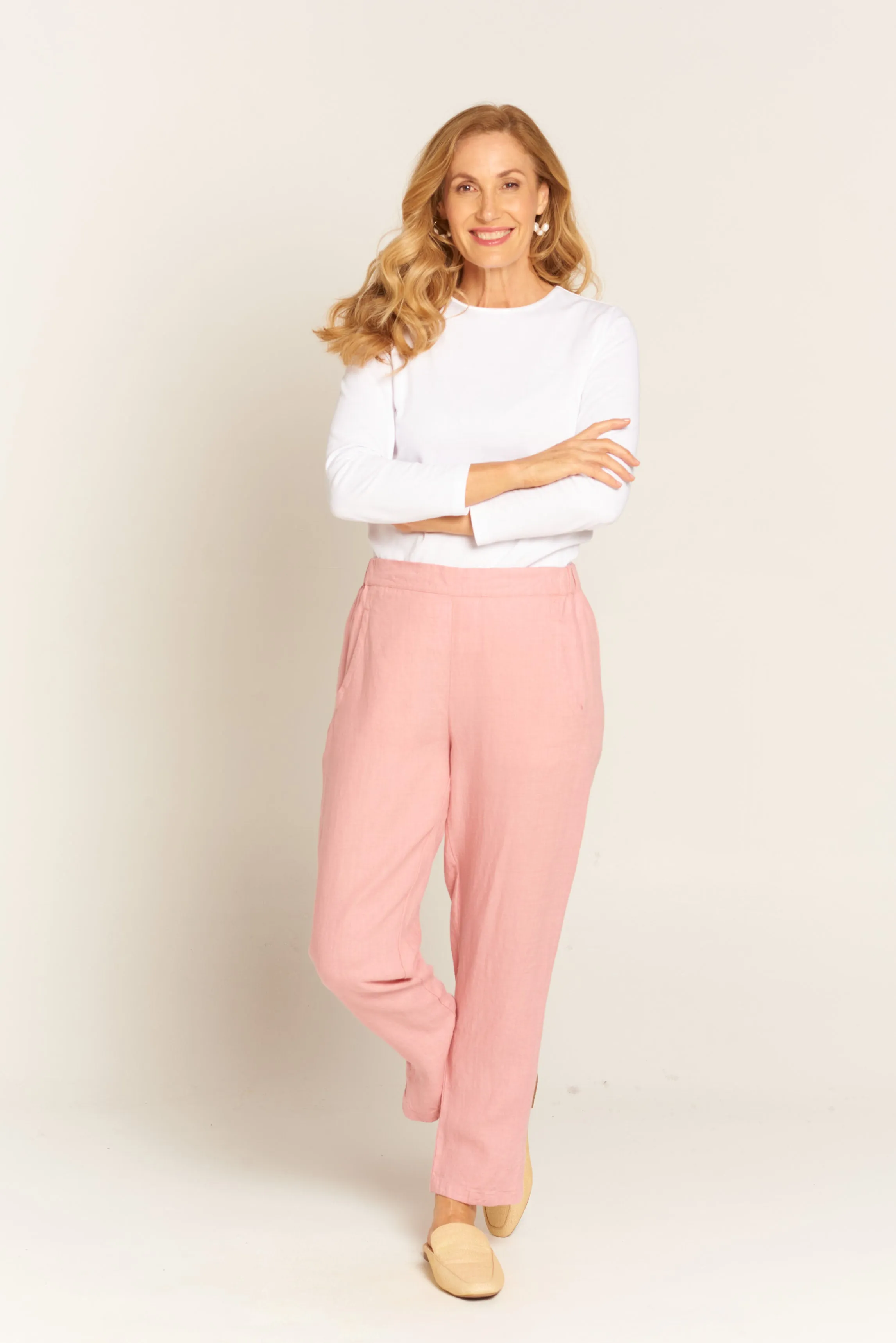 Linen Flat Front Tapered Pant Pale Pink