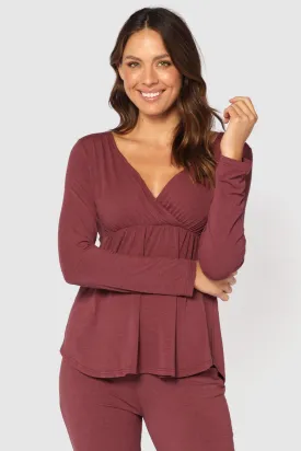 Long Sleeve Cross Front PJ Top - Burgundy