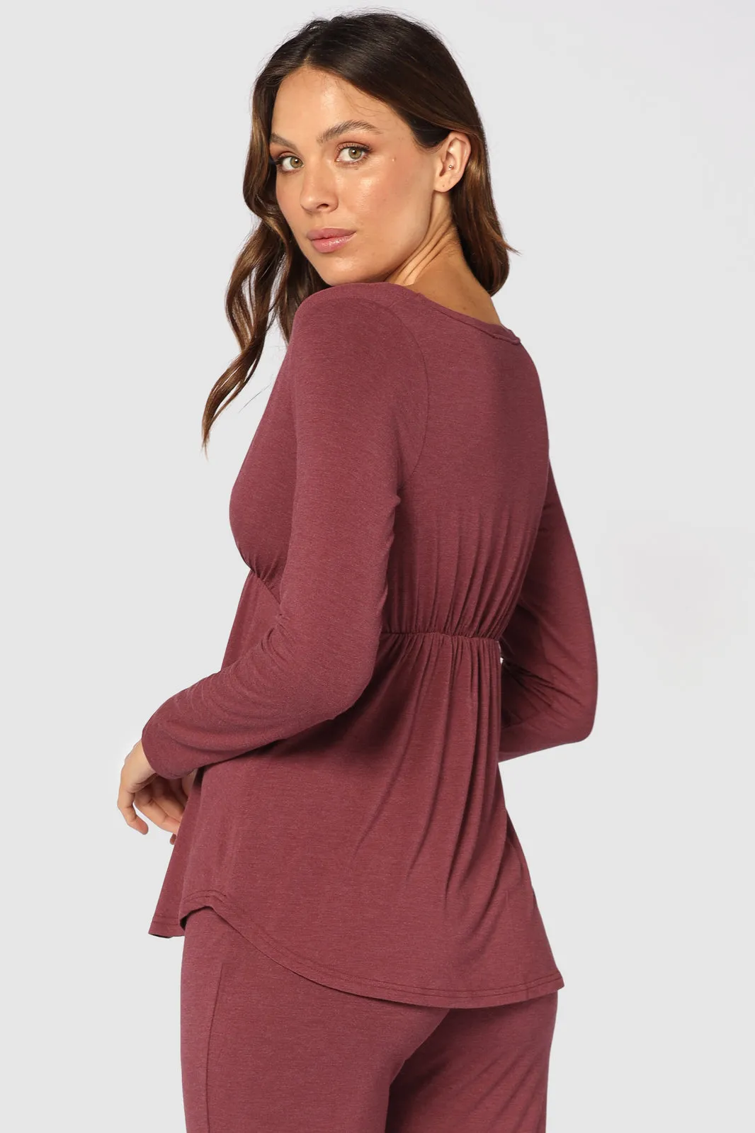 Long Sleeve Cross Front PJ Top - Burgundy