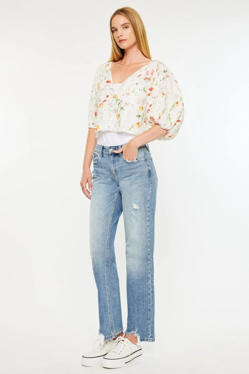 Mid Rise Frayed Hem Straight Jeans