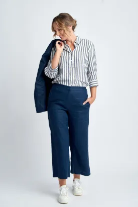 Straight Leg Cropped Linen Pant Navy