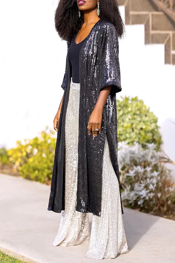 Stylish Solid Sequin Open Front Longline Jacket