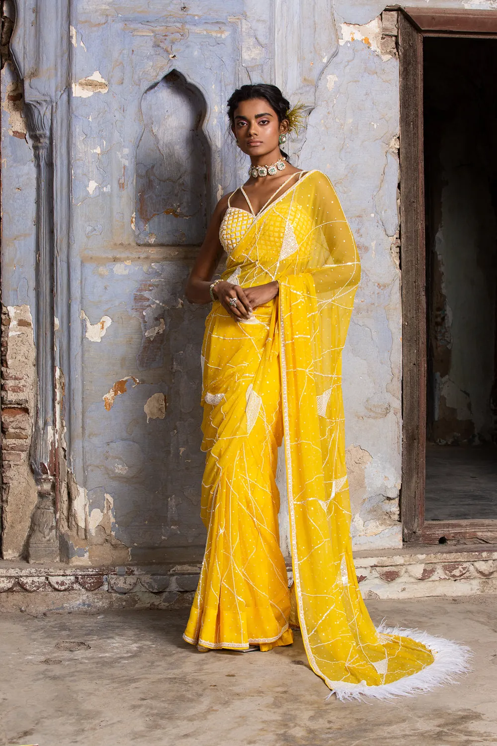 Yellow Chiffon Saree With Organza Blouse